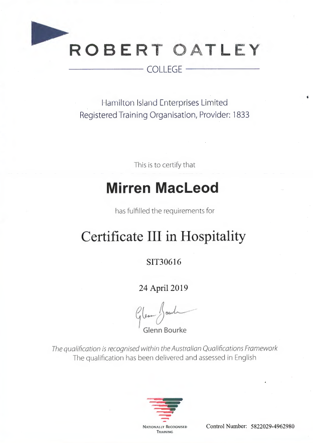  Mirren MacLeod Certificate III Hospitality April 2019